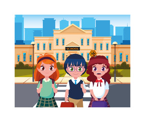 Canvas Print - student children with school building of primary of background