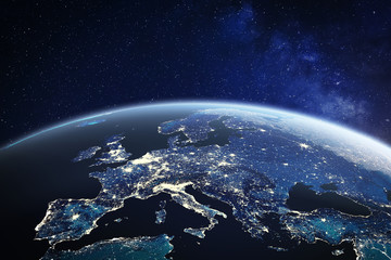 Wall Mural - europe viewed from space at night with city lights in european union member states, global eu busine