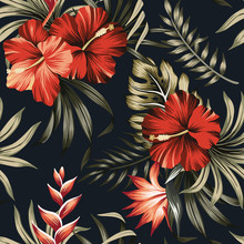Tropical Vintage Red Hibiscus And Strelitzia Floral Green Palm Leaves Seamless Pattern Black Background. Exotic Jungle Wallpaper.