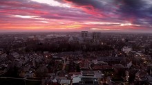 Aerial View Of York Minster During A Cloudy Sunrise. York, UK. Forwards Motion.