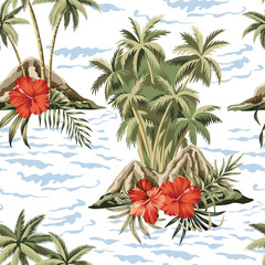 Hawaiian vintage island, palm tree, hibiscus red flower, palm leaves and sea waves summer floral seamless pattern.Exotic jungle wallpaper.