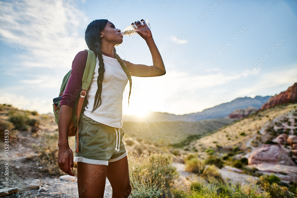 african american woman taking a break to drink from water bottle while hiking at red rock canyon nevada - obrazy, fototapety, plakaty 