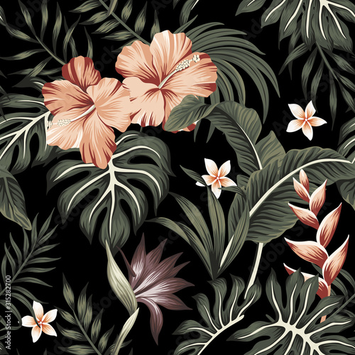 Dekoracja na wymiar  tropikalny-kwiat-hibiskusa-rocznika-strelitzia-liscie-palmowe-kwiatowy-wzor-czarne-tlo-tapeta-egzotyczna-dzungla