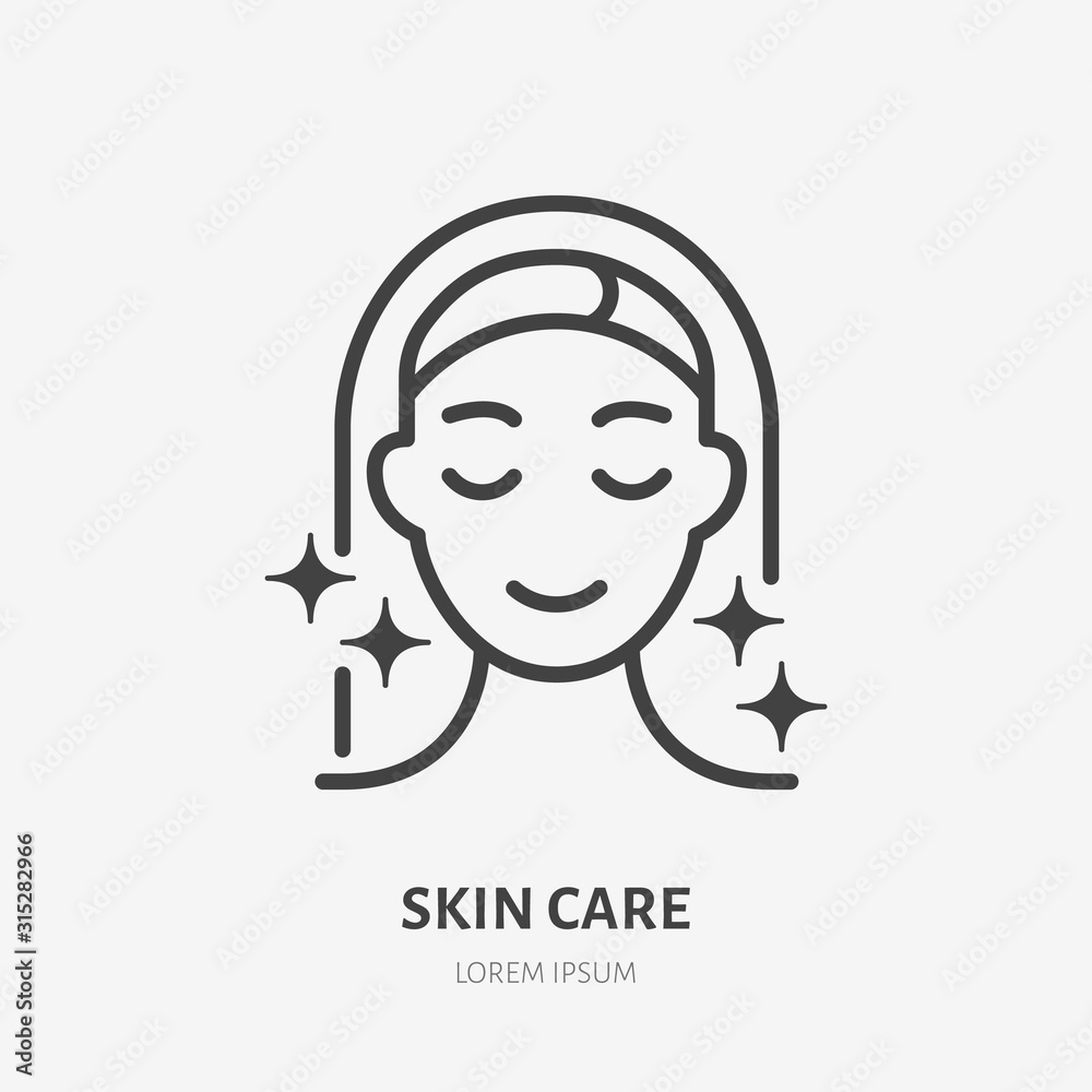 Aesthetic cosmetology line icon, vector pictogram of shiny skin, anti age skin care. Hapy woman illustration, sign for plastic surgery clinic - obrazy, fototapety, plakaty 