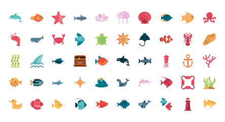 Poster - marine life, cartoon sea fauna animal set