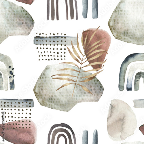 Abstract nordic print with geometric elements and  leaves. Watercolor seamles...