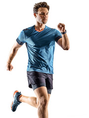 one caucasian runner running jogger jogger young man in studio isolated on white background