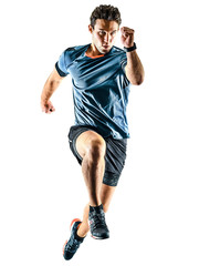 Wall Mural - one caucasian runner running jogger jogger young man in studio isolated on white background