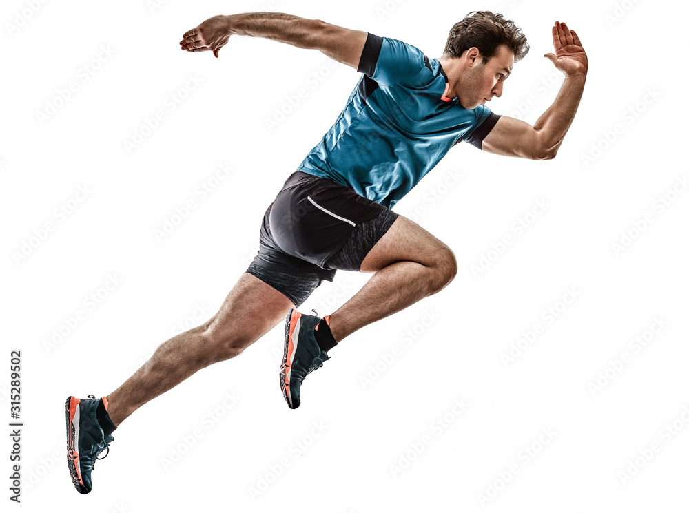 one caucasian runner running jogger jogger young man in studio isolated on white background - obrazy, fototapety, plakaty 