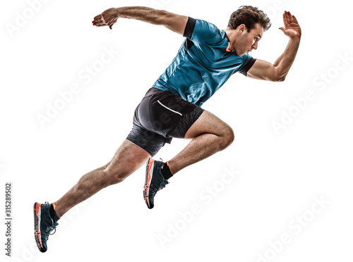 Fotomural one caucasian runner running jogger jogger young man in studio isolated on white