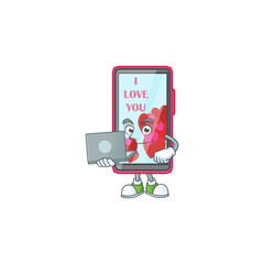 Sticker - A clever smartphone love mascot character working with laptop