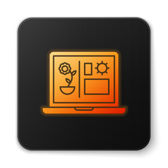 Orange glowing neon Smart farming technology - farm automation system icon isolated on white background. Black square button. Vector Illustration