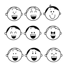 Set of Adorable Boy facial emotions. Boy face with different   expressions. The boy portrait avatars. Variety of emotions teen guy.   Isolated vector.Man  character. Suitable for use in applications, 