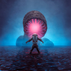 Wall Mural - lair of the monster / 3d illustration of retro science fiction scene showing astronaut encountering 