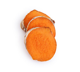 Wall Mural - Sliced turmeric root isolated on white background.