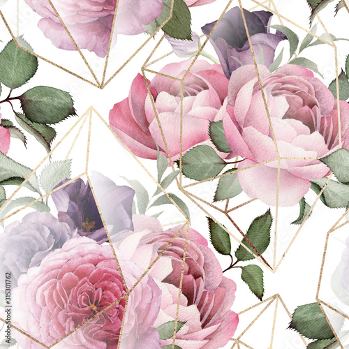 Fototapeta do kuchni Seamless floral pattern with flowers on light background, watercolor. Template design for textiles, interior, clothes, wallpaper. The geometry of the crystal. Golden texture