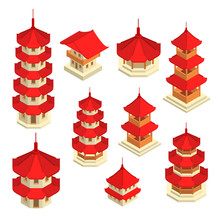 Asian Architecture Building Sign 3d Icon Set Isometric View. Vector