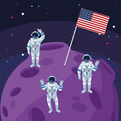 Canvas Print - astronauts group with american flag in moon space exploration