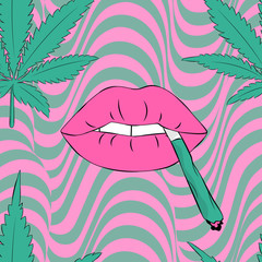 Vector pattern with cannabis and lips