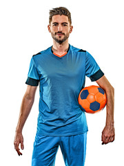 Wall Mural - one caucasian youg soccer player man standing in studio isolated on white background