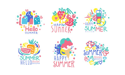  Hello Summer Original Design Labels Collection, Colorful Hand Drawn Graphic Templates Vector Illustration