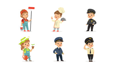 Canvas Print - Cute Kids of Various Professions Set, Painter, Cook, Policeman, Gardener, Pilot, Captain Vector Illustration