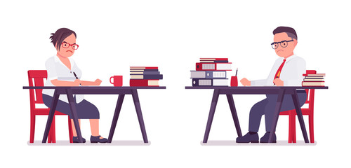 Canvas Print - Fat male and female clerk working with books, sitting at desk. Heavy middle aged business people, office manager and civil service worker, typical employee. Vector flat style cartoon illustration