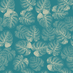Wall Mural - Philodendron palm leaves seamless vector background. Tropical leaf pattern. Exotic nature repeating backdrop white on teal blue. Monstera palm design for fabric, beach wear, summer, home decor
