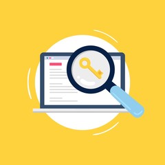 Fototapete - Colorful Search Engine Optimization concept. Big magnifying glass searching for keywords to improve website page rank. Flat Vector illustration good for banners, ads, landing pages or web promotion.