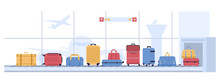 Luggage Airport Carousel. Baggage Suitcases Scanning, Luggage Conveyor Belt With Bags And Suitcases. Airline Flight Transportation, Airport X Ray Checkpoint Inspection Vector Illustration