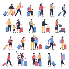 Travelers At Airport. Business Tourists, People Waiting At Airports Terminal With Luggage, Characters Walking And Hasting To Boarding. Airplane Flight Passengers Isolated Vector Illustration Icons Set