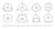 Vintage monogram emblem. Retro art ornamental luxury emblems, royal crown monograms wreath and wedding swirls frame. Alcohol, hotel or jewelry logotype isolated vector illustration symbols set