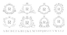 Vintage Monogram Emblem. Retro Art Ornamental Luxury Emblems, Royal Crown Monograms Wreath And Wedding Swirls Frame. Alcohol, Hotel Or Jewelry Logotype Isolated Vector Illustration Symbols Set