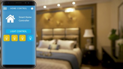 Smart Home - smart house, home automation, device with app icons. smart phone with smarthome security app to turn on the lights of  house
