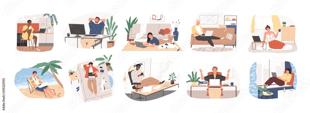 Freelance people work in comfortable conditions set vector flat illustration. Freelancer character working from home or beach at relaxed pace, convenient workplace. Man and woman self employed concept - obrazy, fototapety, plakaty 