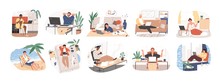 Freelance People Work In Comfortable Conditions Set Vector Flat Illustration. Freelancer Character Working From Home Or Beach At Relaxed Pace, Convenient Workplace. Man And Woman Self Employed Concept