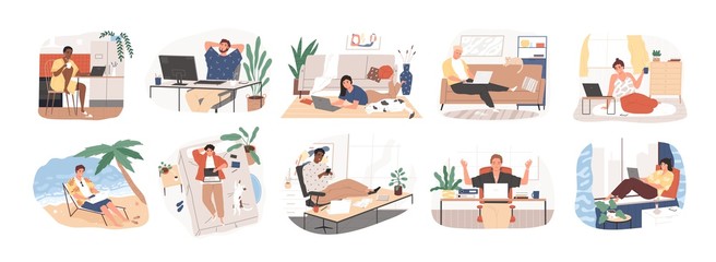 freelance people work in comfortable conditions set vector flat illustration. freelancer character w