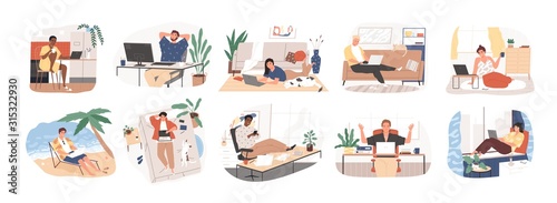 Cuadros en Lienzo Freelance people work in comfortable conditions set vector flat illustration