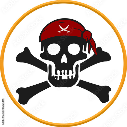 Pirate circular emblem with text, skull and bones.