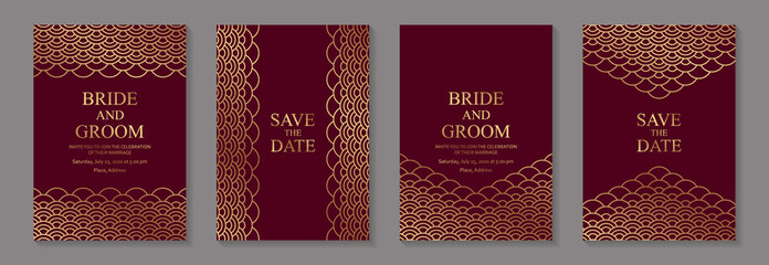 Set of modern oriental luxury wedding invitation design or card templates for business or presentation or greeting with golden scales on a red background.