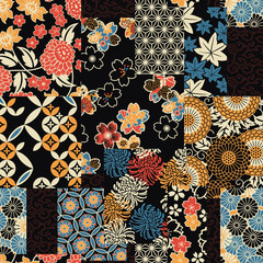 Poster - traditional japanese textile fabric patchwork wallpaper abstract floral vector seamless pattern