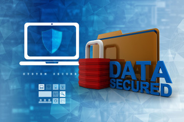 Poster - Yellow folder and lock. Data security concept. 3D rendering