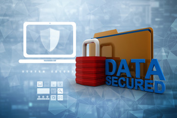 Poster - Yellow folder and lock. Data security concept. 3D rendering