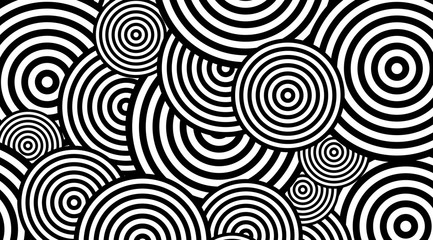 Poster - Trendy circular black and white pattern background vector design. Optical illusion spins backdrop.