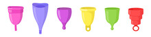 Set Of Six Multi-colored Silicone Menstrual Cups Of Different Shapes, Zero Waste Concept Stock Vector Illustration Isolated On Transparent Background. Plastic-free Concept. Sustainable Lifestyle.