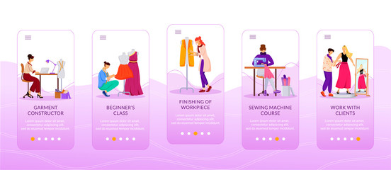 Poster - Fashion courses onboarding mobile app screen flat vector template. Beginners, sewing machine class. Walkthrough website steps with characters. UX, UI, GUI smartphone cartoon interface, case prints set