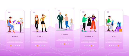 Poster - Designers work onboarding mobile app screen flat vector template. Fashion services, blogs, brands. Walkthrough website steps with characters. UX, UI, GUI smartphone cartoon interface, case prints set