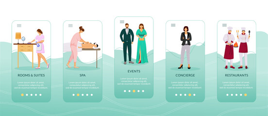 Poster - Hotel service onboarding mobile app screen vector template. Walkthrough touristic website steps with flat characters. Spa, event, restaurant. UX, UI, GUI smartphone cartoon interface concept