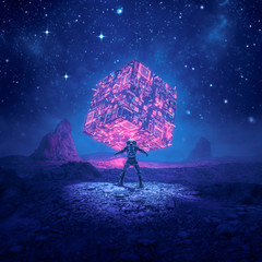 cosmic monolith of power / 3d illustration of retro science fiction scene showing astronaut encounte