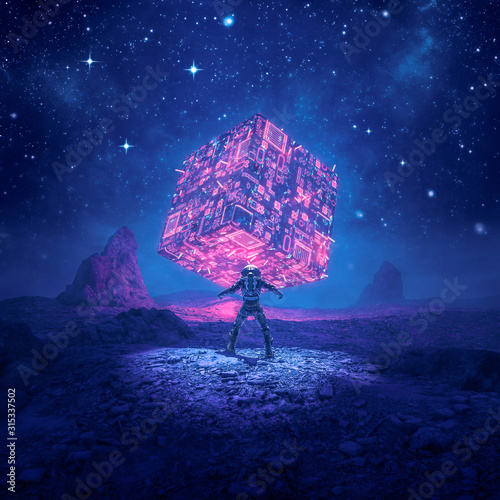 Cuadros en Lienzo Cosmic monolith of power / 3D illustration of retro science fiction scene showin
